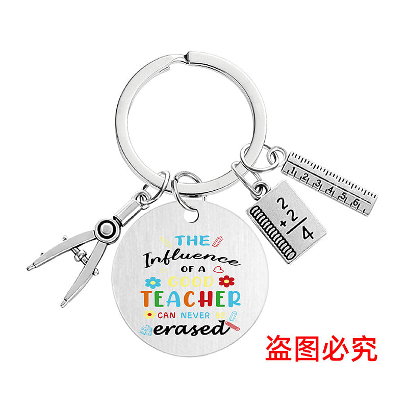 Wholesale Color Printing Gratitude Teacher Compasses Ruler Metal Keychain Holiday Gift Teacher's Day Pom Pom ACC-KC-Ganggu015