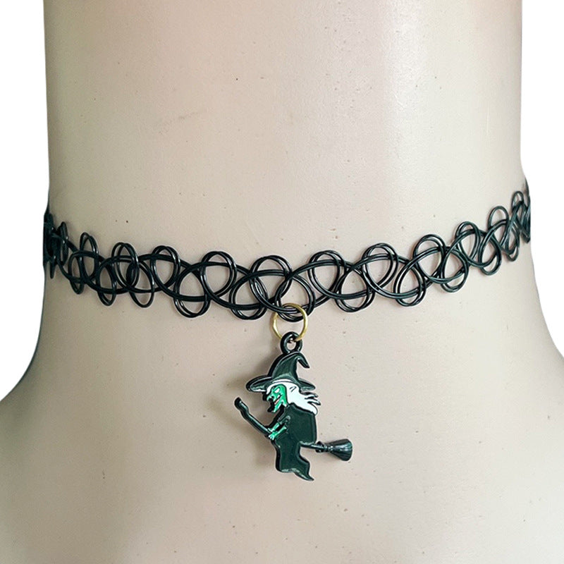 Wholesale 2pcs Halloween Black Lace Clavicle Chain Moon Black Cat Witch Ghost Cute Necklace