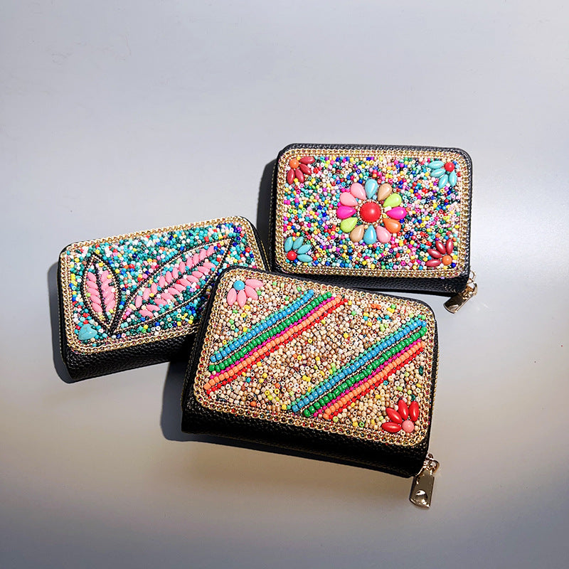 Wholesale Ethnic Retro Accordion Card Holder Handmade Rice Bead Bag Wallet ACC-WT-Mengs002
