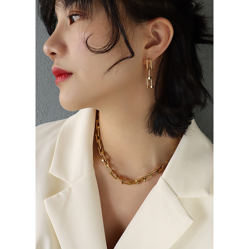 Wholesale Titanium Steel Bold U-Shaped Horseshoe Buckle Thick Chain Necklace,  Stud Earrings,  and Bracelet Set