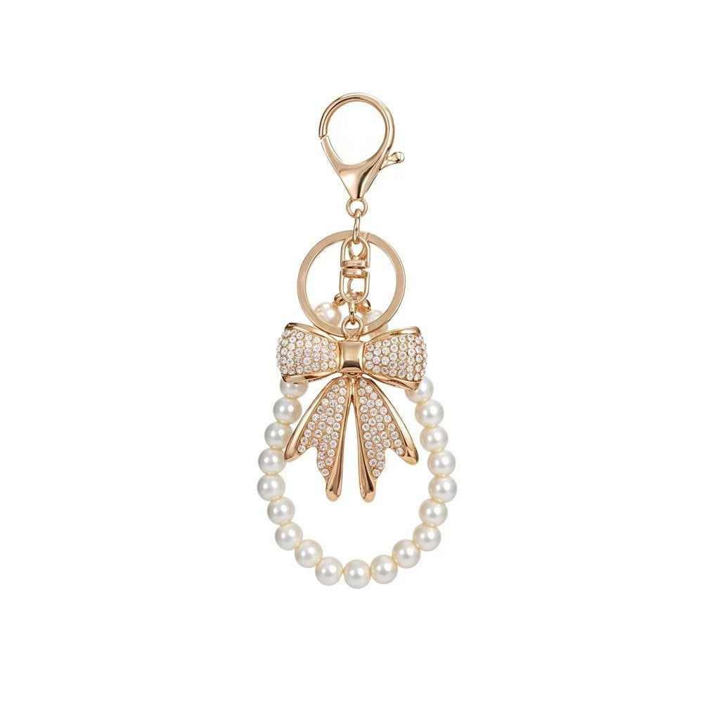 Wholesale Black Zinc Alloy Handmade Cute Korean Style Bow Rhinestone Pearl Bead Car Keychain Phone Chain Bag Charm Gift