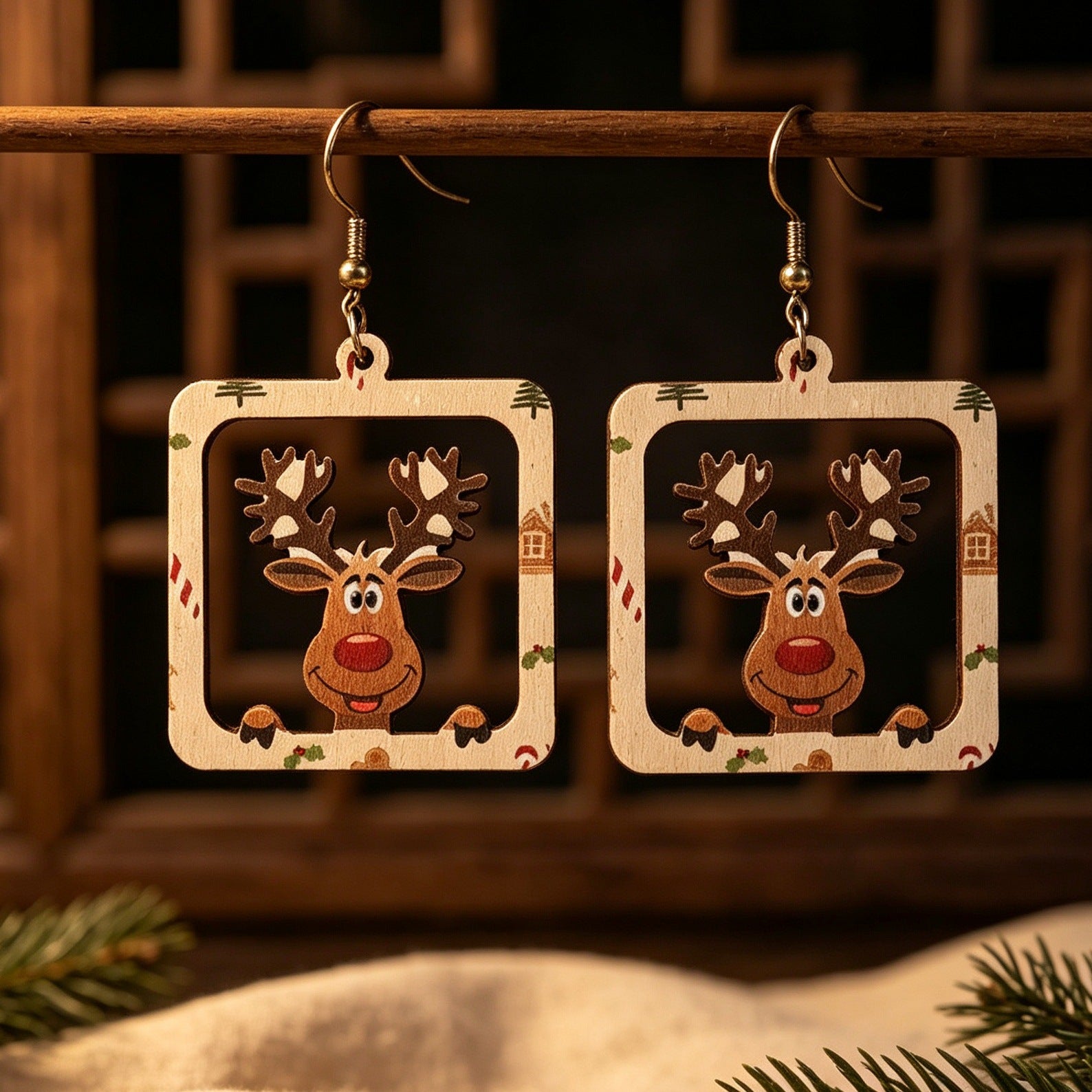 Wholesale Christmas Reindeer Themed Wooden Earrings Square Hollow Holiday Design Jewelry For Boutique Resale