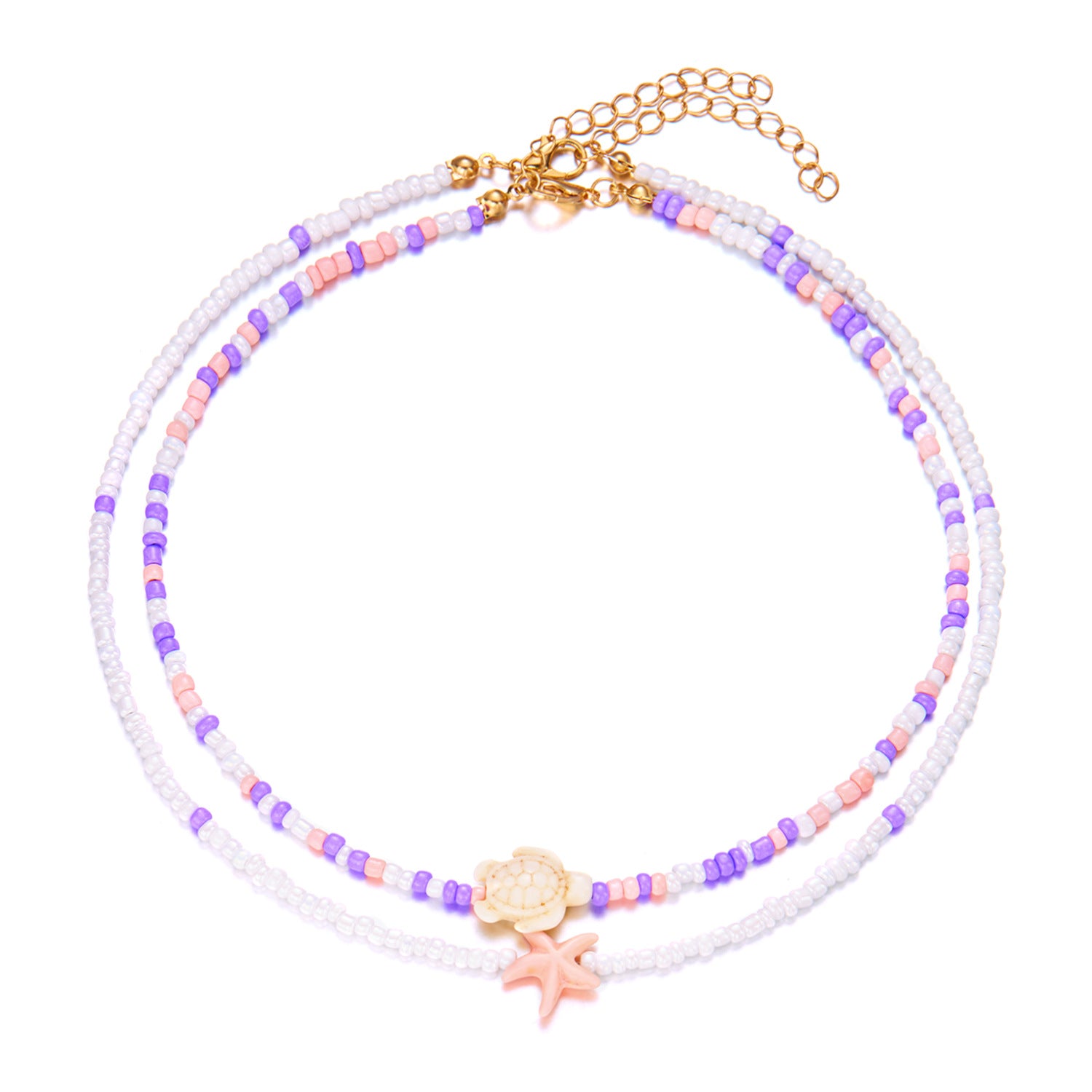 Wholesale  double-layer starfish turtle rice beads short necklace