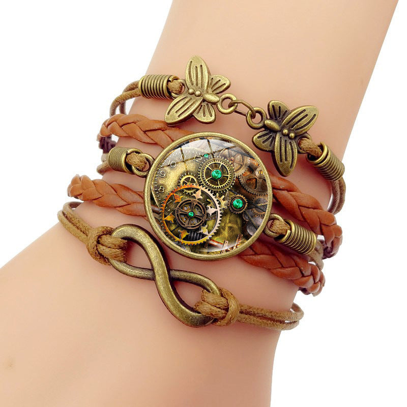 Wholesale Steampunk Gear Cuff Bracelet with Infinity Symbol and Multi-layer Leather Design,  Unisex Fashion Jewelry Accessory