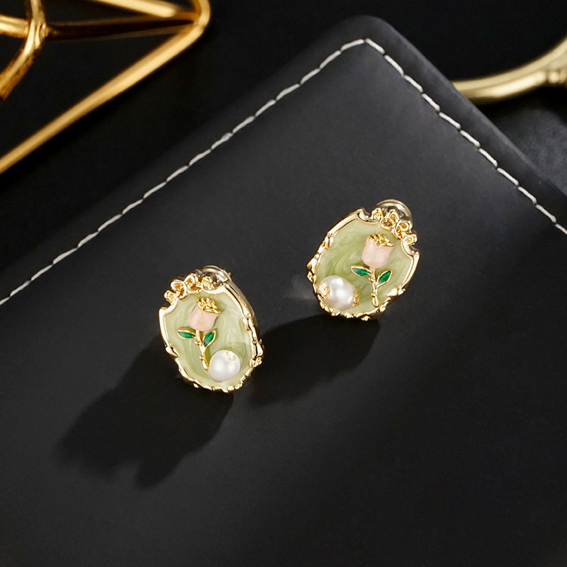 Wholesale Green Oil Painting Pearl Flower Glaze Earrings