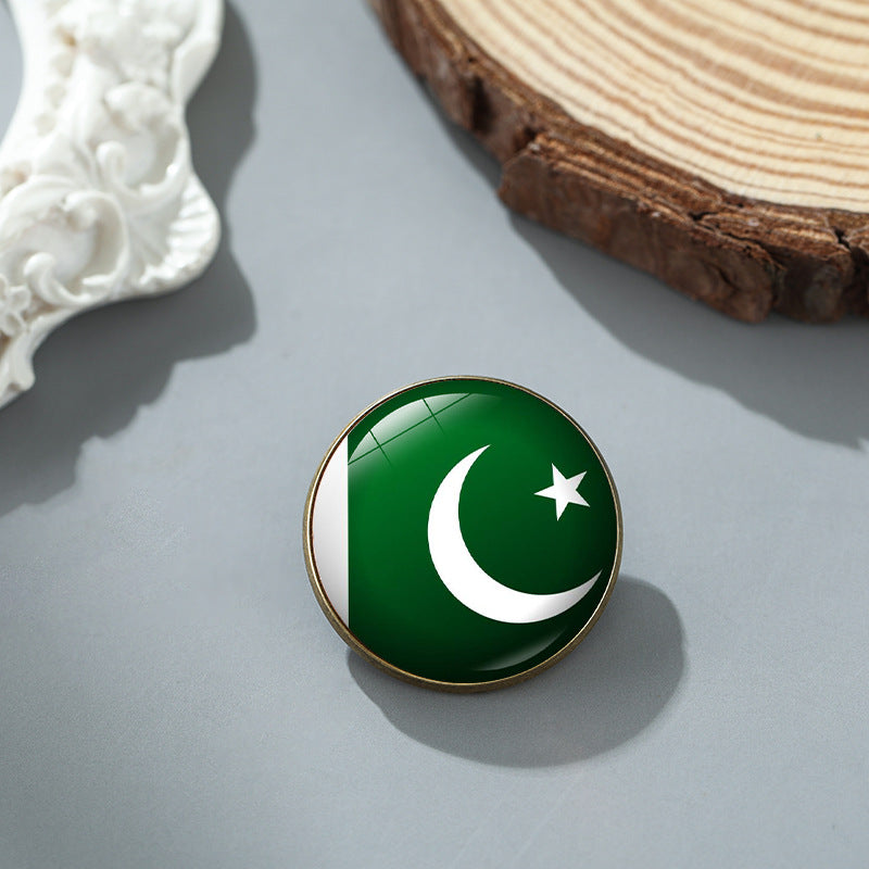 Wholesale National flag round time gem alloy brooch badge chest buckle