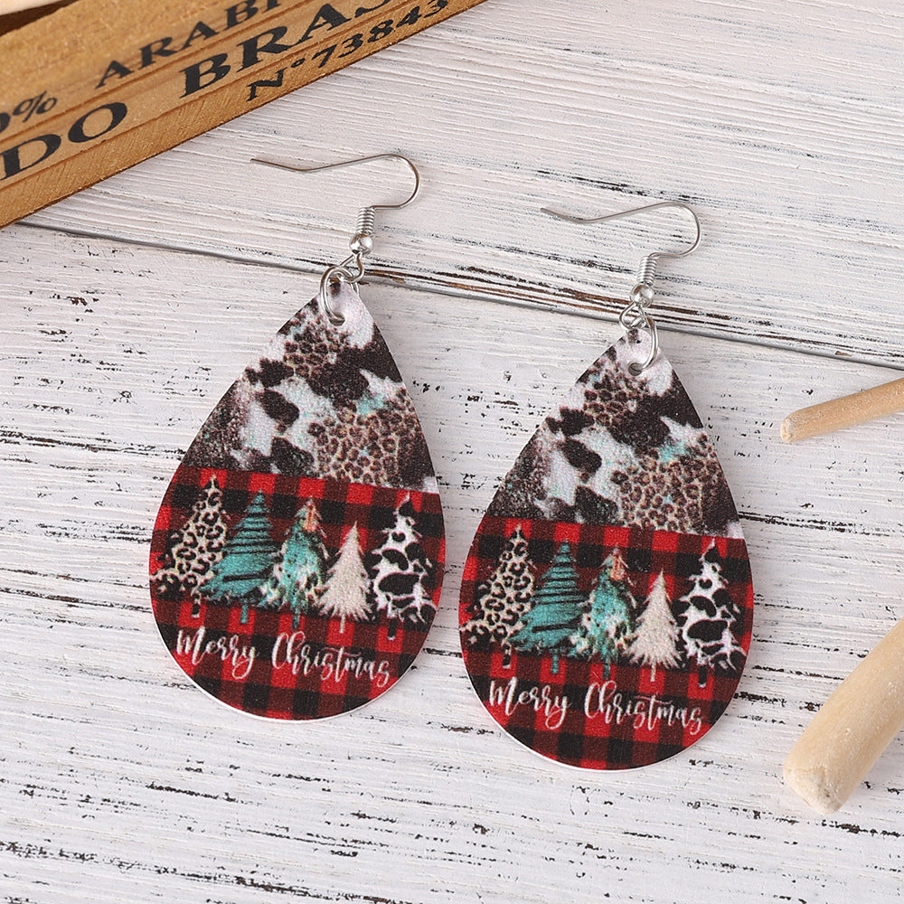 Wholesale Christmas Leopard Cow Plaid Christmas Tree Water Drop PU Leather Earrings ACC-ES-ChuLian068