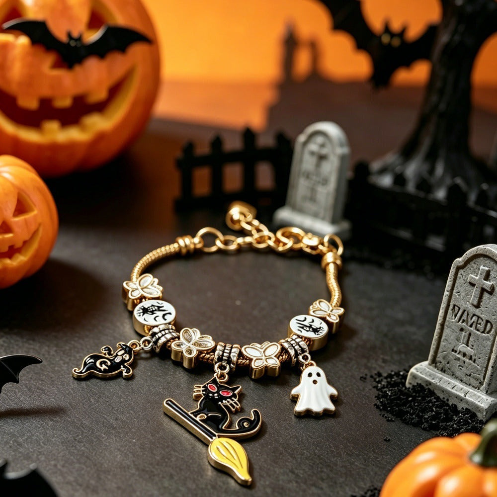 Wholesale Gold Alloy Vintage  Beaded Bracelet Magic Cat Pendant DIY Layering Jewelry Unisex Fashion Accessory For Boutique Resale