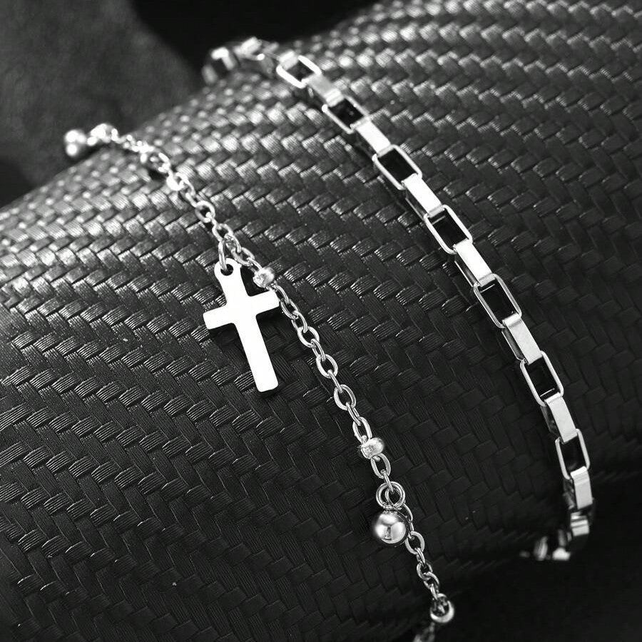 Wholesale European Retro Men' s Double-Layer Cross Bracelet Alloy Chain Round Bead Pendant Fashion Accessory