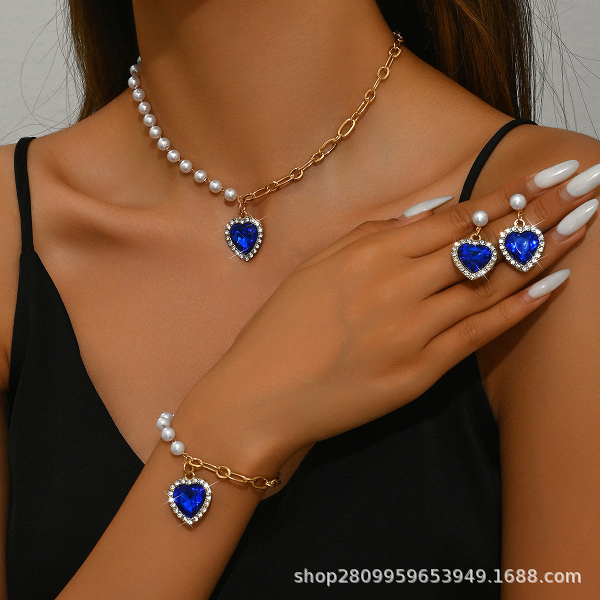 Wholesale Valentine's Day Blue Heart Pendant Pearl Necklace Earrings Bracelet Set