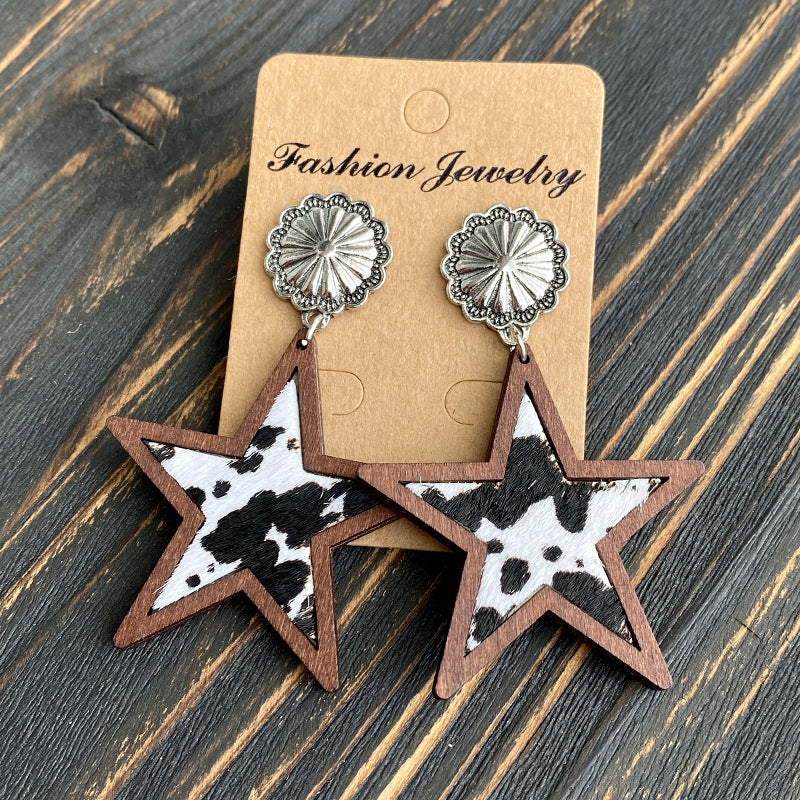 Wholesale Western Denim five-pointed star leather earrings
