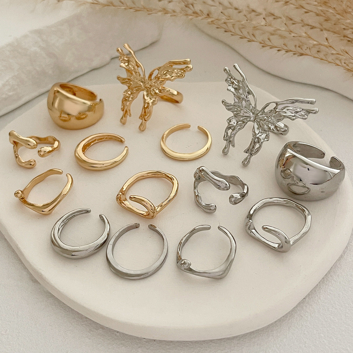 Wholesale Butterfly smooth liquid irregular alloy ring set