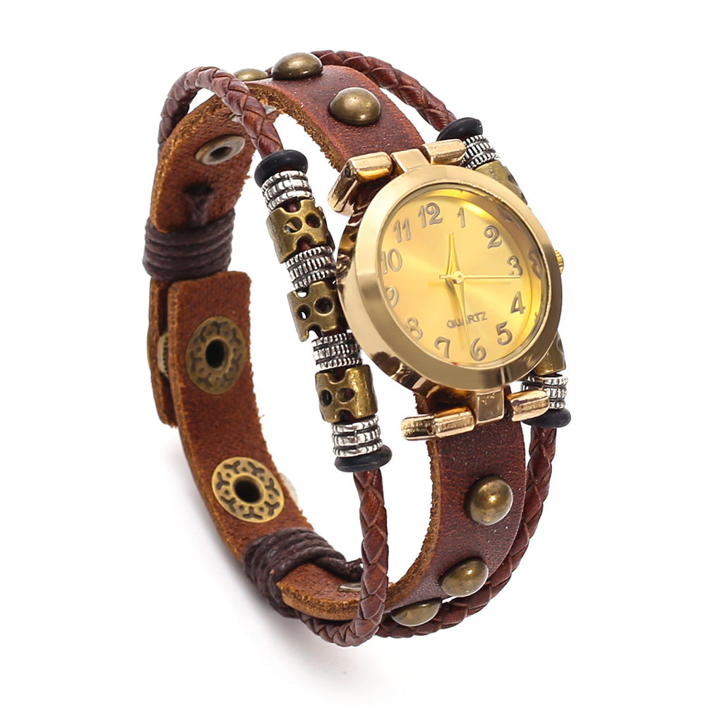 Wholesale Faux Leather Bracelet Watch For Women Multi Layer Woven Rivet Retro Punk Style Fashion Accessory Boutique Resale Gift