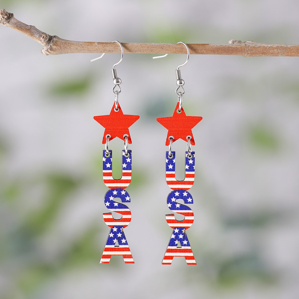Wholesale of American Independence Day Five Pointed Star Rainbow Bull Head Heart Wooden Double Sided Earrings ACC-ES-ChuLian015