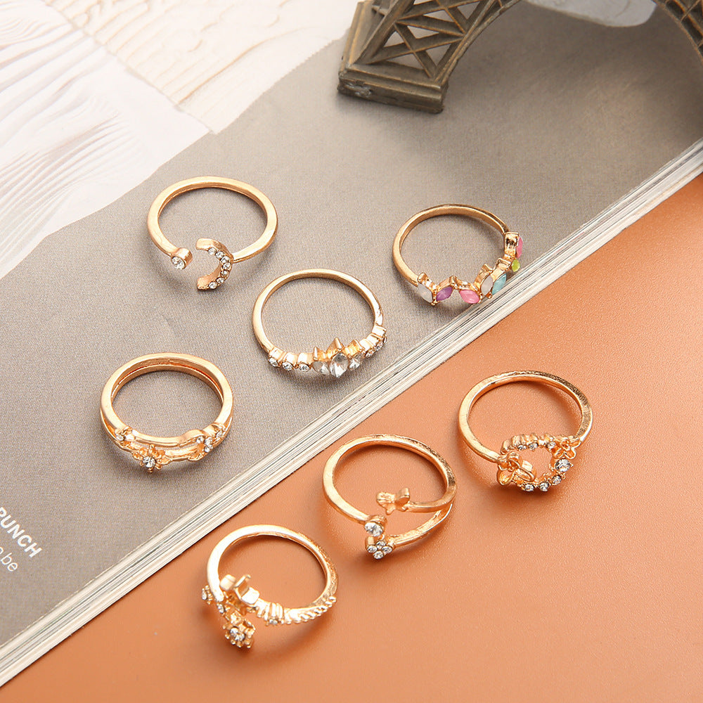 Wholesale butterfly flower diamond colorful  moon star five-pointed ring set