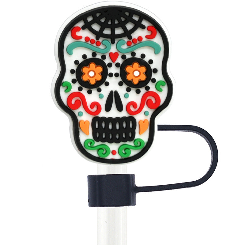 Wholesale Random 100pcs Day of the Dead Skull 10mm PVC Soft Straw Tube Cap ACC-SCR-RYY099