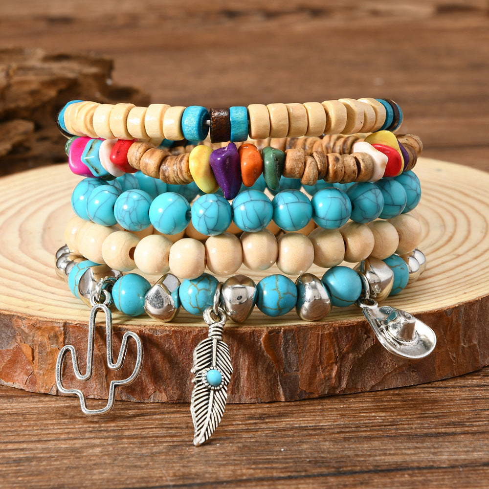Wholesale Bohemian Style nut Shell Wooden Beads Turquoise Handmade Bracelet