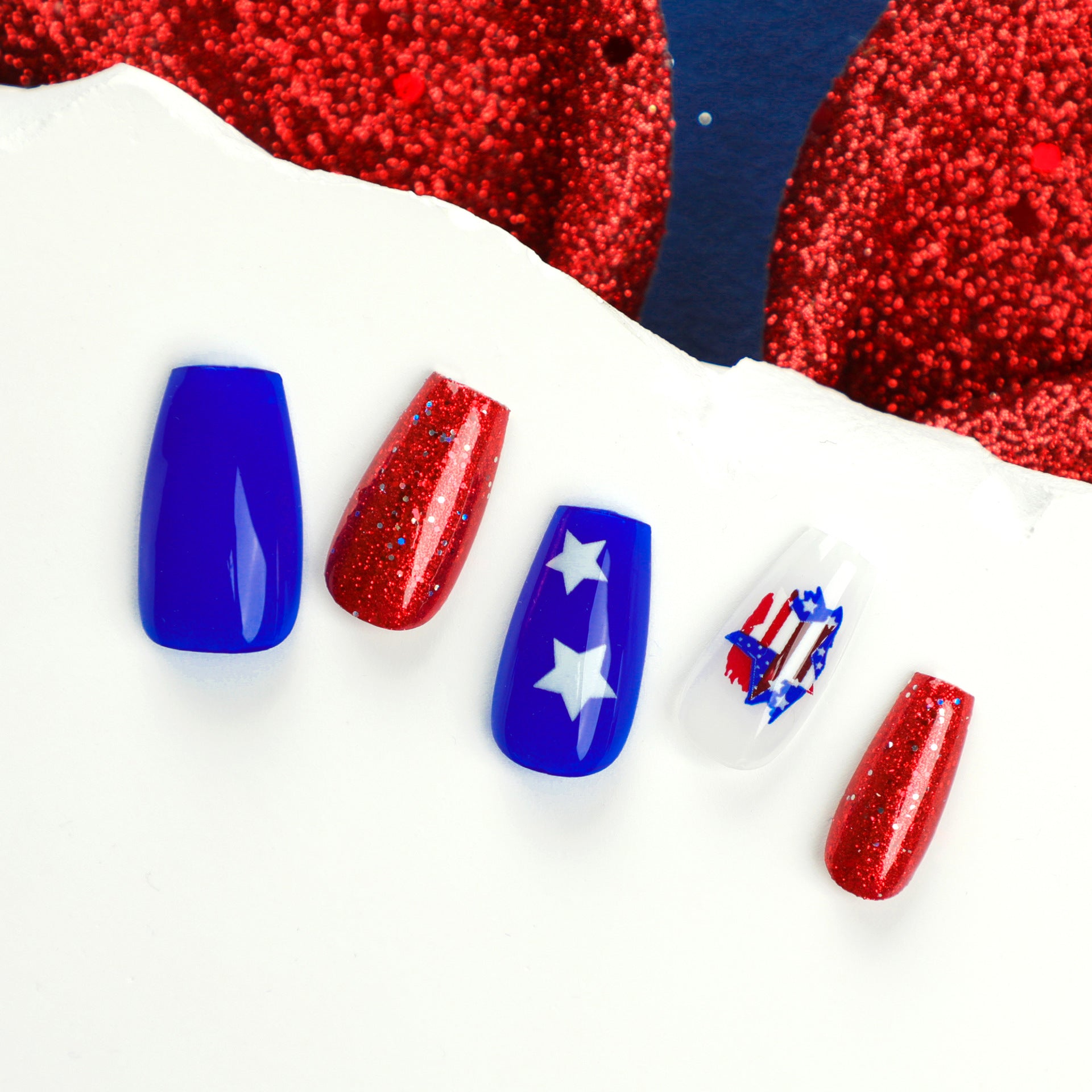 Wholesale 24 Pieces/box American Independence Day Short Shiny Wearing Nail Press-on Nails Kits ACC-NS-LeFan006