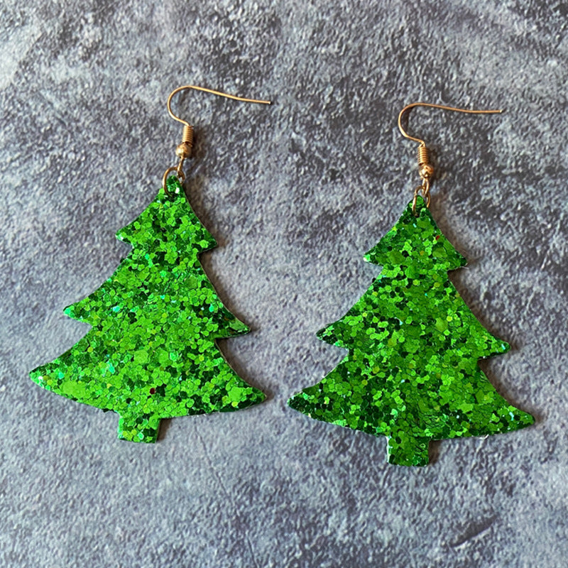 Wholesale Christmas leather  flash wave point double-sided Christmas tree shape earrings