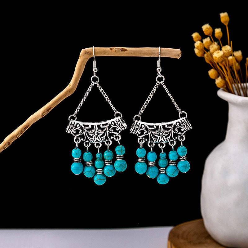 Wholesale Retro Ethnic Style Blue Turquoise Hollow Ring Flower Tassel Earrings Jewelry Accessory
