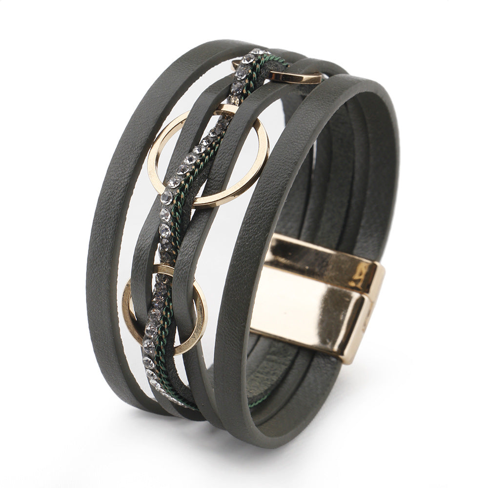 Wholesale Pink PU Leather Women S Layered Bracelet With Magnetic Clasp And Interlocking Rings Stylish Jewelry Accessory For Everyday Wear