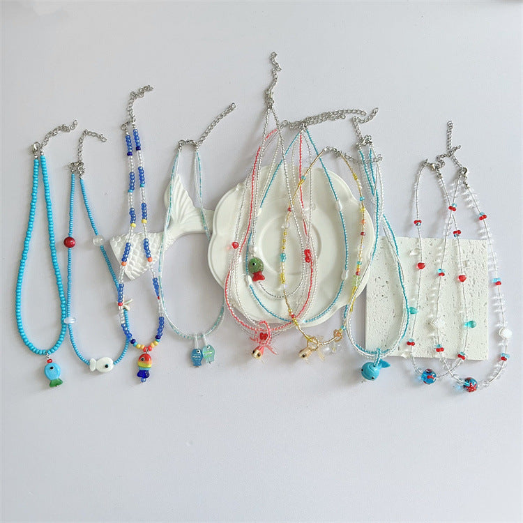 Wholesale Colorful Summer Dopamine Small Fish Pendant Blue Beaded Necklace