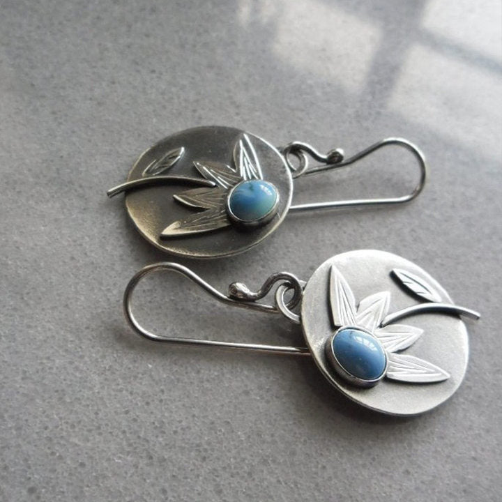Wholesale blue turquoise earrings retro ethnic style ancient metal plant flower drop earrings