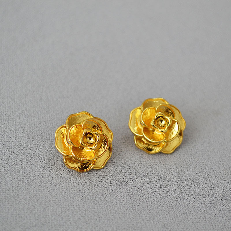 Wholesale 3D Camellia Brass Gold Plated 925 Silver Needle Earrings