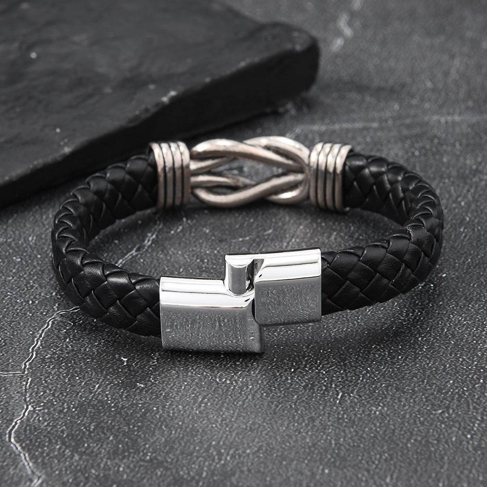 Wholesale Men' s Magnetic Buckle Bracelet Hand-In-Hand Braided Leather Bracelet