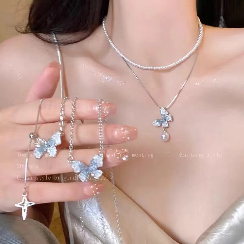 Wholesale Ice Crystal Gradient Pearl Butterfly Tassel Necklace