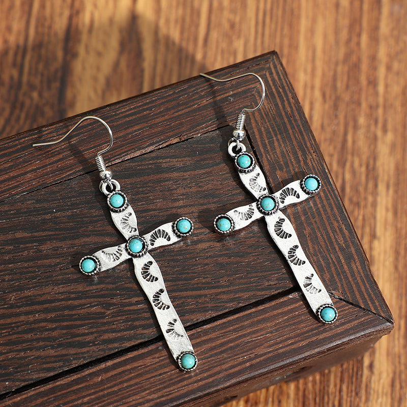 Wholesale Stylish Cross Earrings with Turquoise Design,  Alloy Electroplated Jewelry Accessory for Party and Gift
