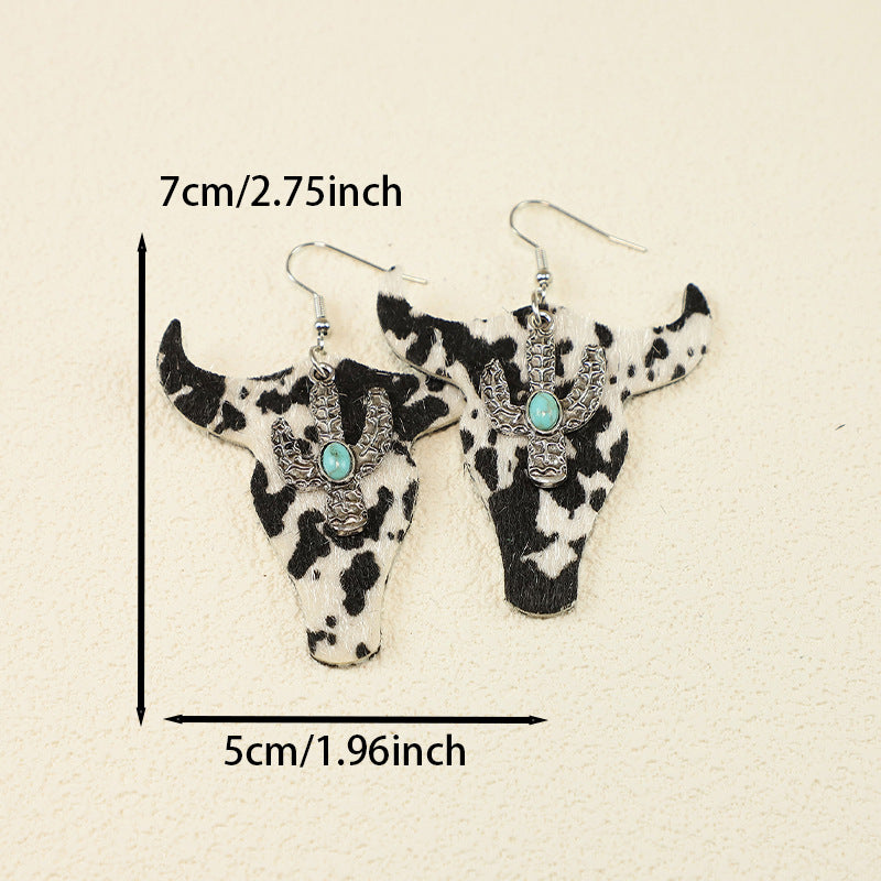Wholesale Retro cow head leopard print cow pattern PU leather f alloy earrings