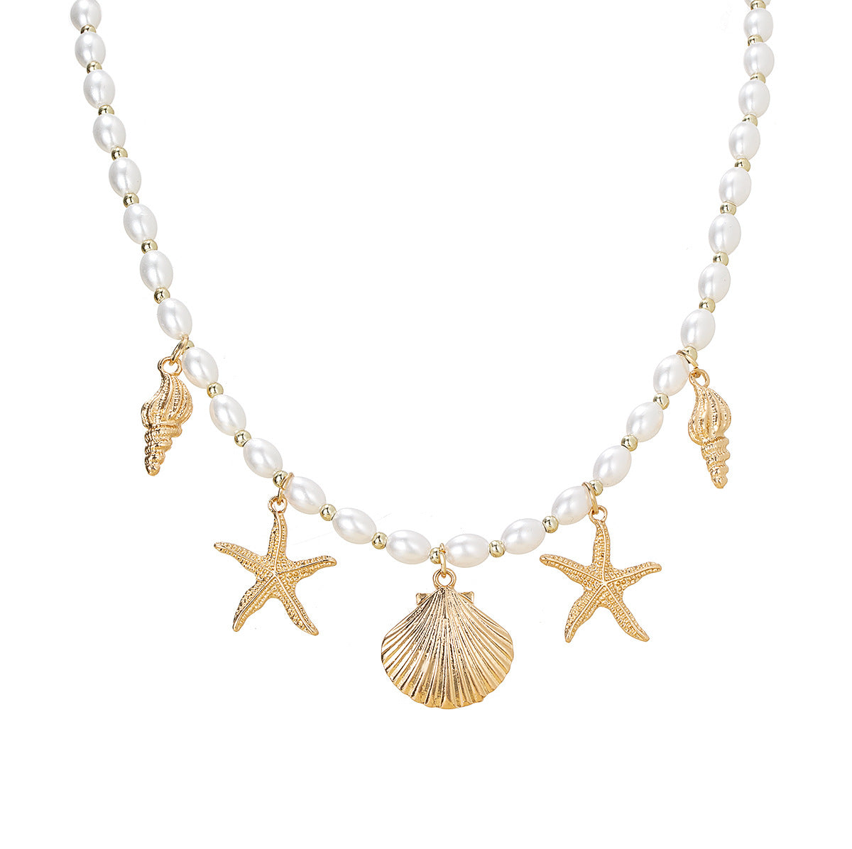 Wholesale Bohemian Alloy Starfish Conch Shell Pendant Pearl Gold Beads Beaded Adjustable Necklace