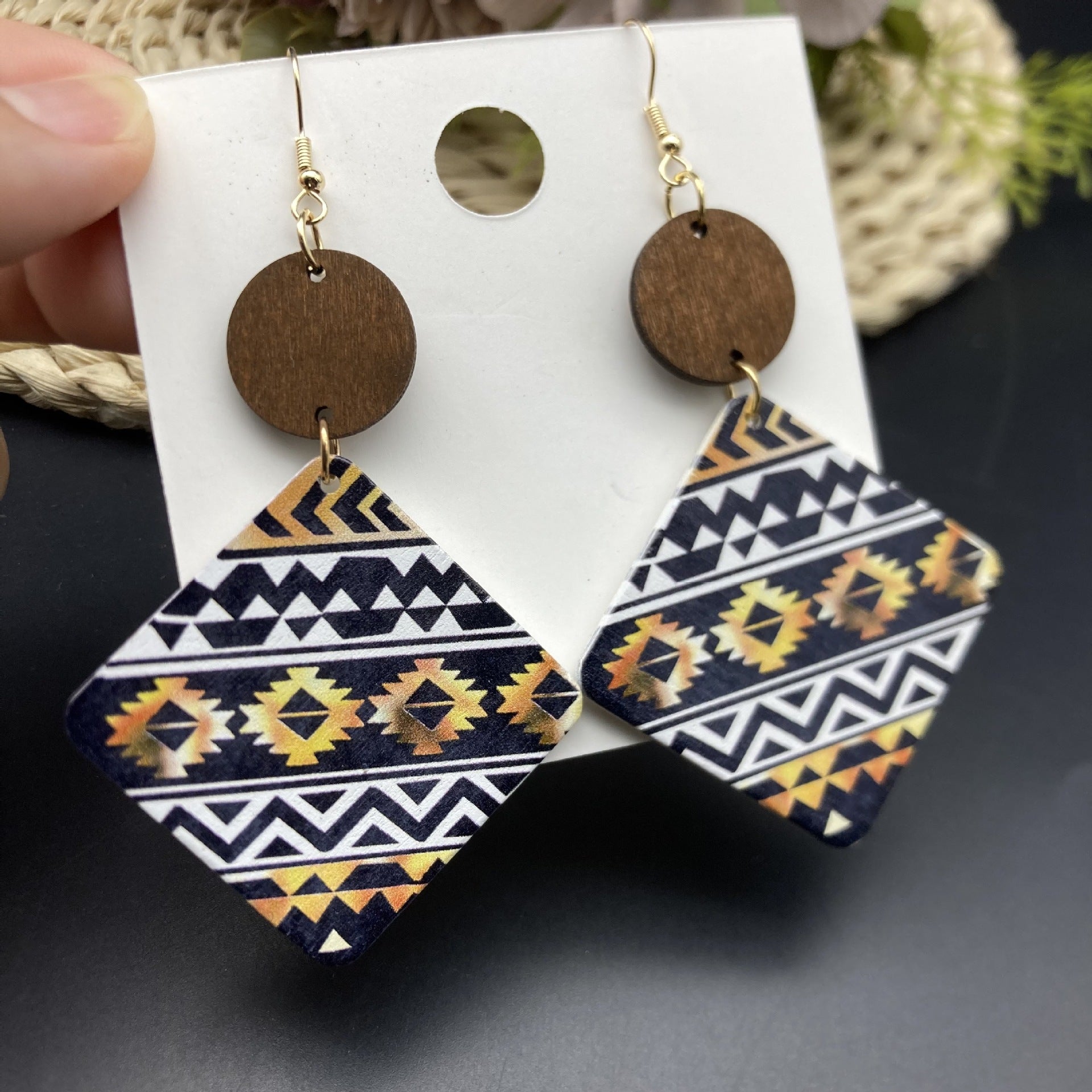 Wholesale Ethnic Style Exaggerated Geometric Wood Earrings ACC-ES-FX073