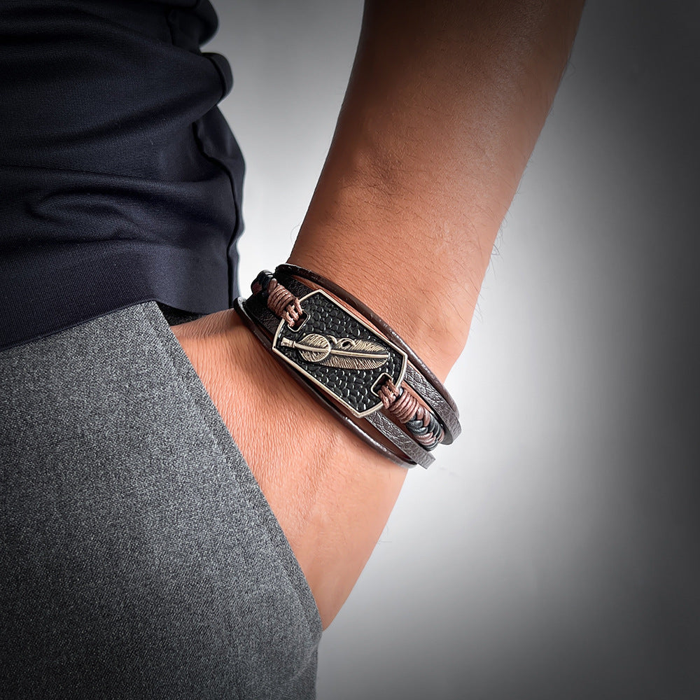 Wholesale Faux Leather Woven Bracelet Men S Vintage Feather Charm Layered Handmade Fashion Jewelry Accessory Gift