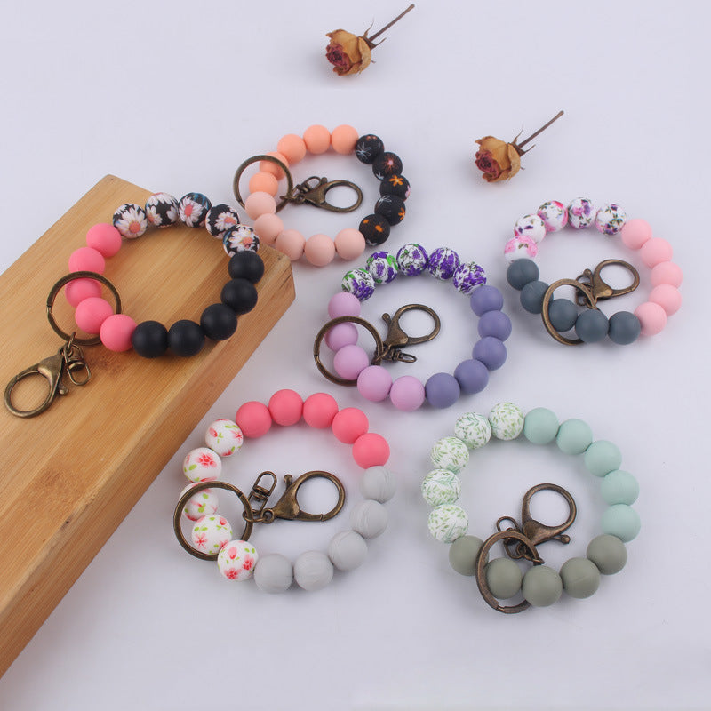 Wholesale Colorful Flower Print Beaded Wrist Keychain ACC-KC-GuangTian028