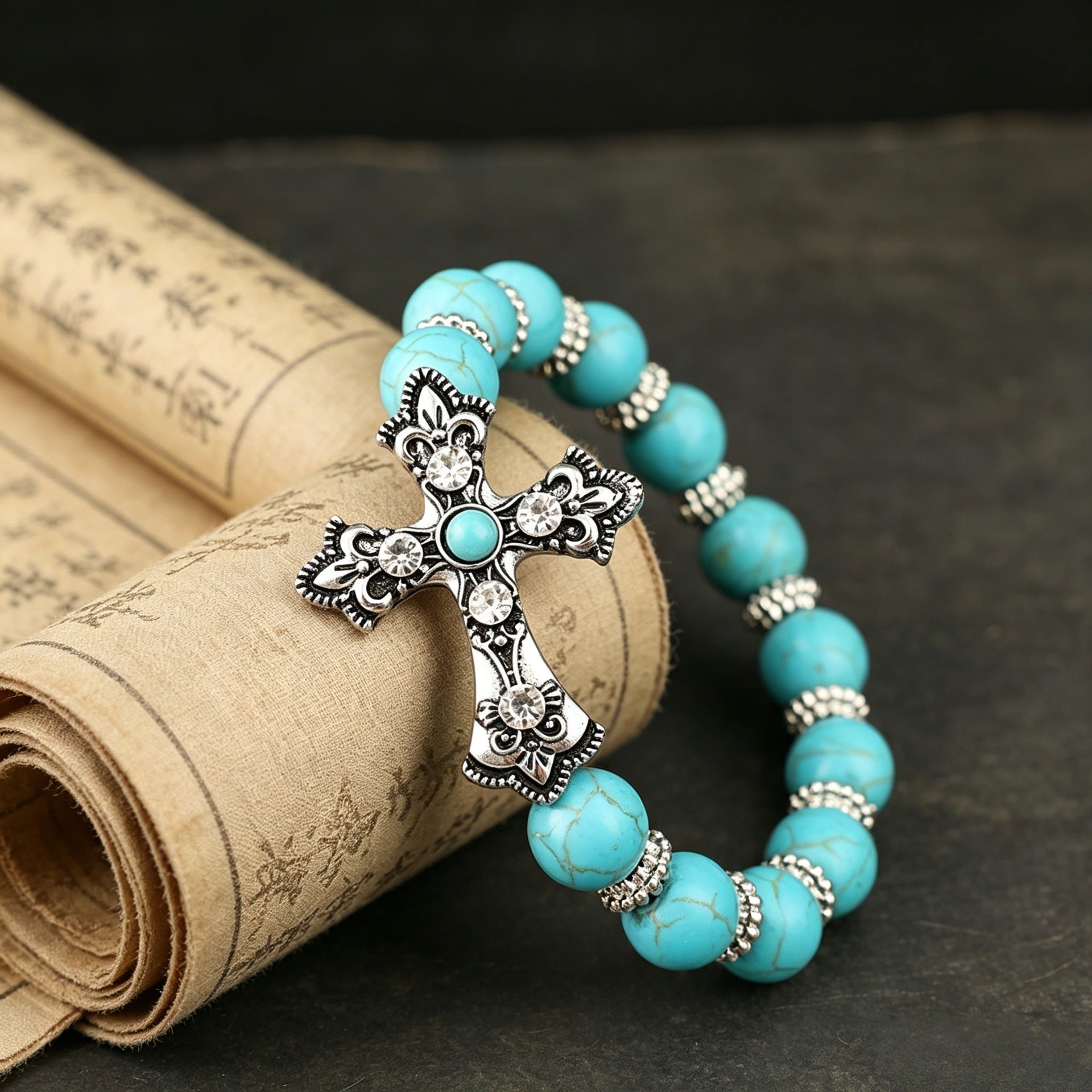 Wholesale Retro Carved Cross Blue Turquoise Bracelet Women Western Cowboy Style Alloy Jewelry Accessory