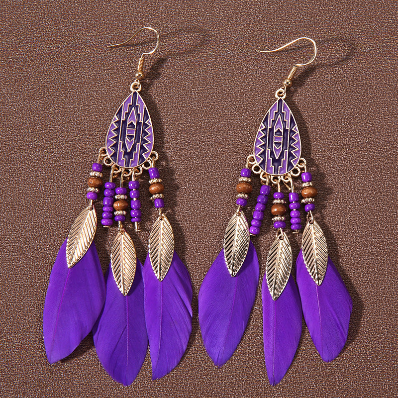Wholesale Water Drop Tassel Feather Earrings Long Bohemian Rice Bead Earrings ACC-ES-Gumi006