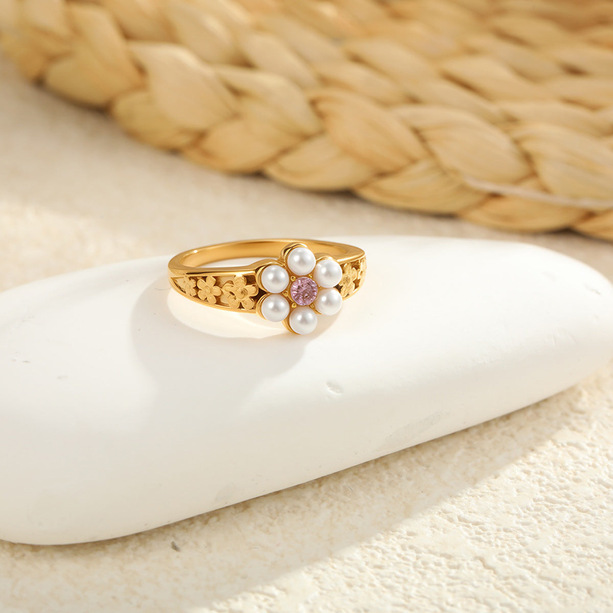 Wholesale Colorful Stainless Steel Ring with Western Style Gentle Floral Design and Zircon Accents
