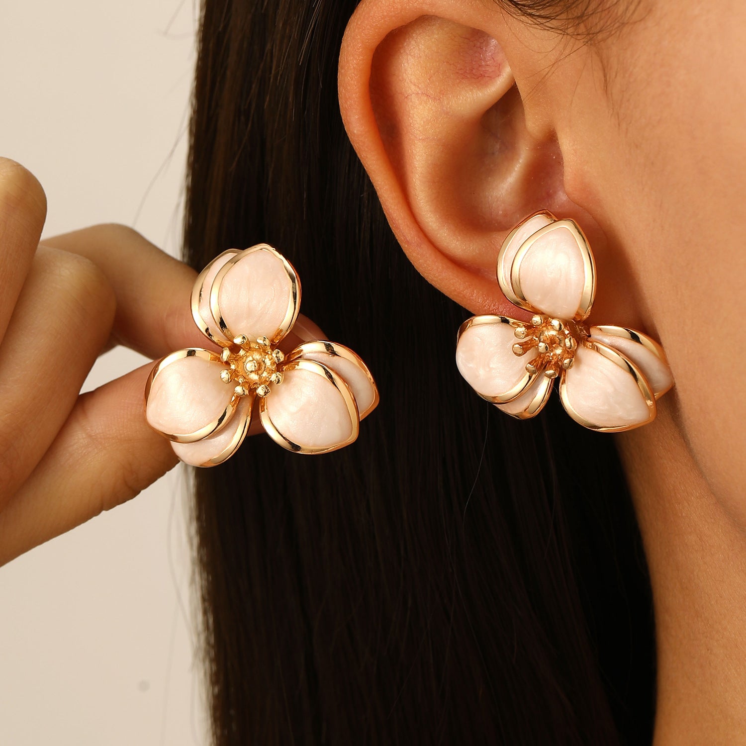 Wholesale Stylish Flower Earrings For Women Double Layer Petal Colorful Dripping Oil Zinc Alloy Everyday Jewelry Accessory