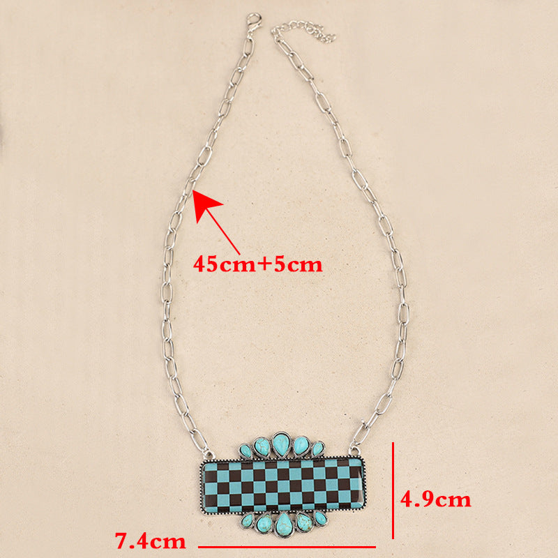 Wholesale Bohemian Western Style Geometric Inlay Synthetic Turquoise Vintage Necklace