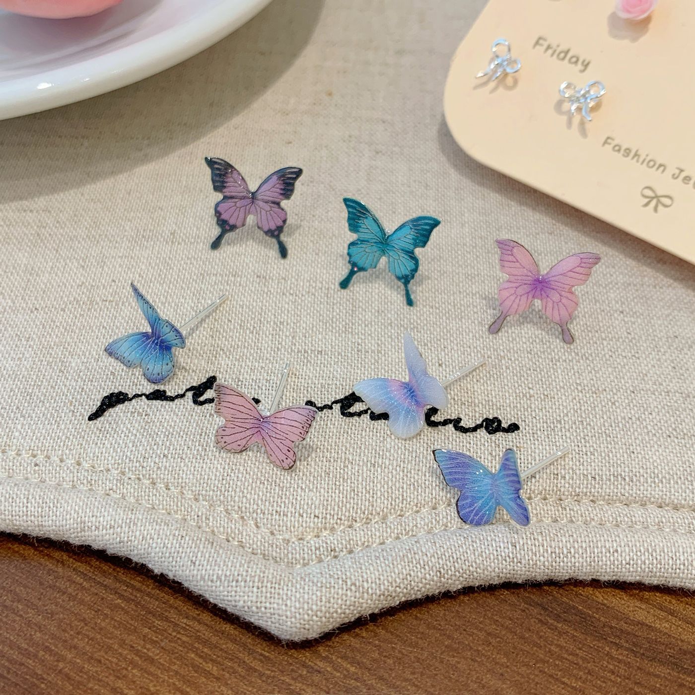 Wholesale Autumn Colorful Butterfly Flower Pearl Earring Set Silver Needle Small Sweet Earrings