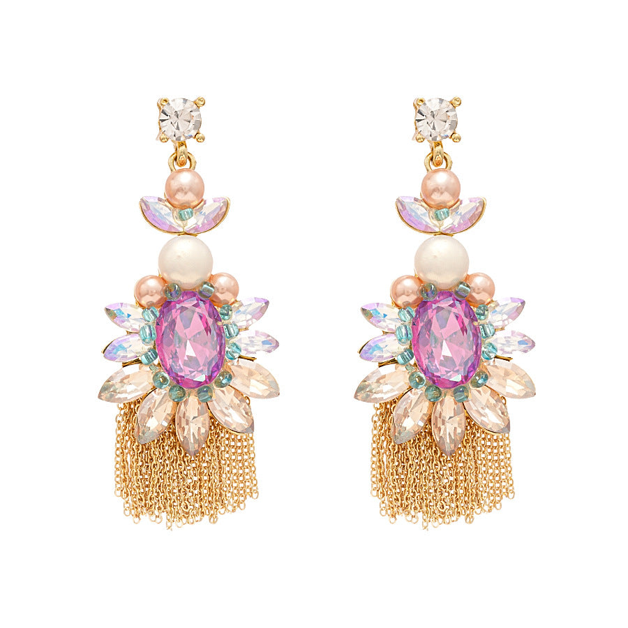 Wholesale Vintage Diamond Pearl Oval Flower Silver Needle Earrings