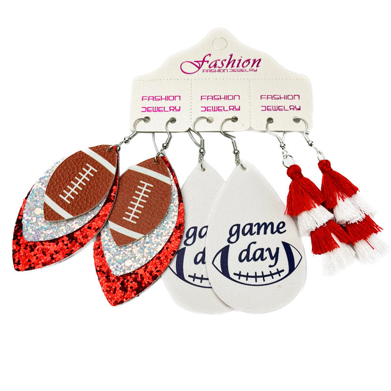 Wholesale 2 Sets Christmas Independence Day Football Rugby Softball Multi-layer Tassel Cheerleading PU Leather Earrings Set ACC-ES-HY128