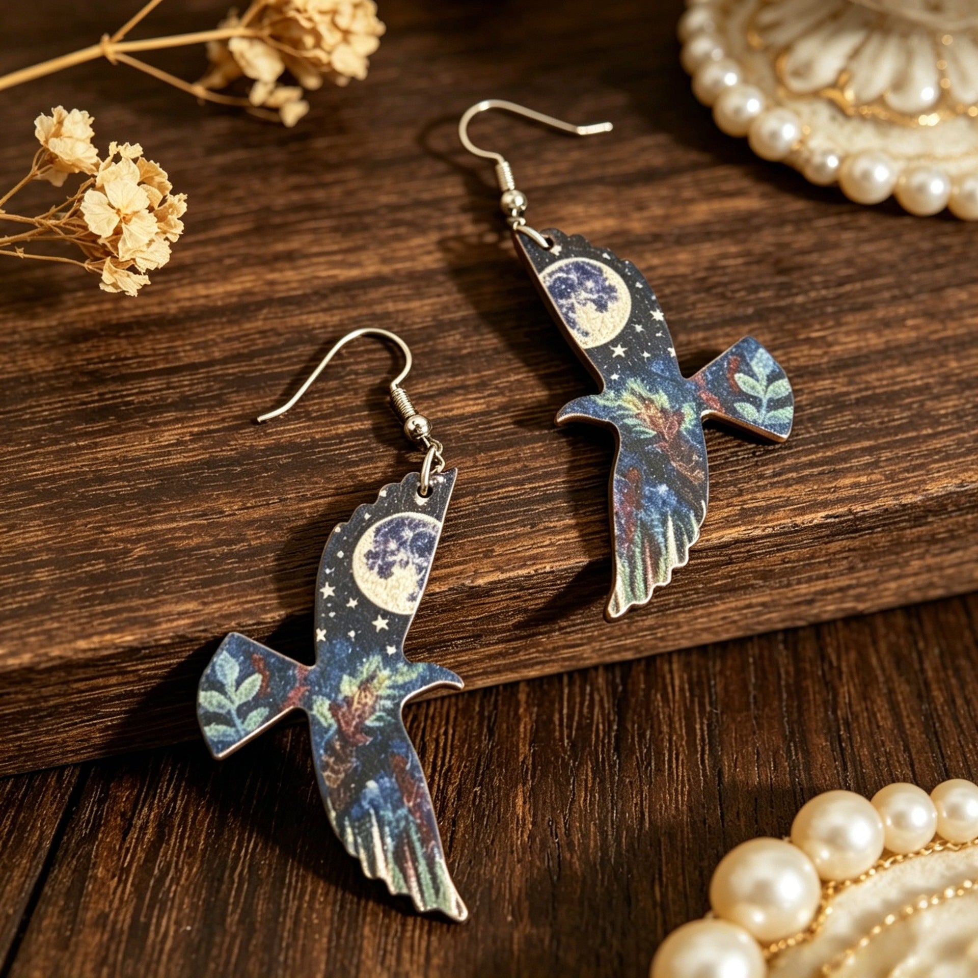 Wholesale Wooden Starry Sky Moon Bird Earrings Fashion Accessory Decorative Gift