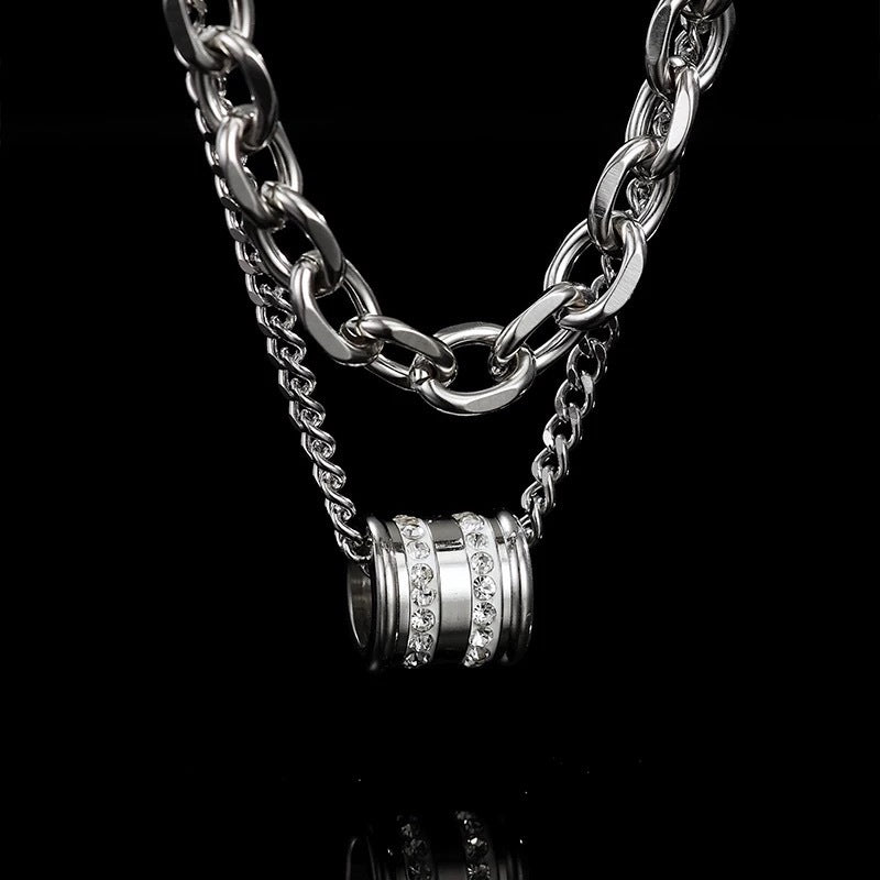 Wholesale Double Layer Titanium Steel Cuban Chain Necklace with Diamond Bead,  Trendy Hip Hop Jewelry Accessory for Men