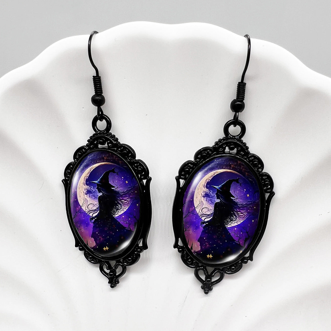 Wholesale Black Crow Skull Oval Lace Earrings