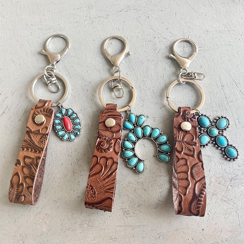 Wholesale Embossed Cowhide Leather Keychain With Turquoise Pumpkin Pendant Western Retro Style Key Ring Fashion Accessory