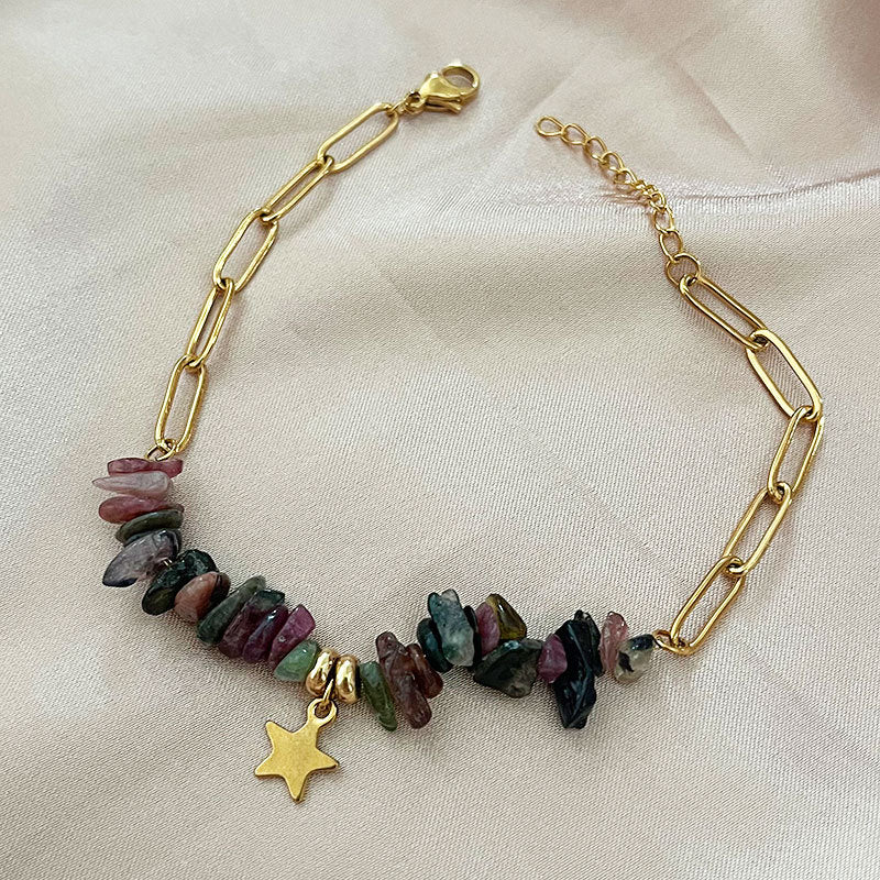 Wholesale natural stone gravel five-pointed star  stainless steel bracelet