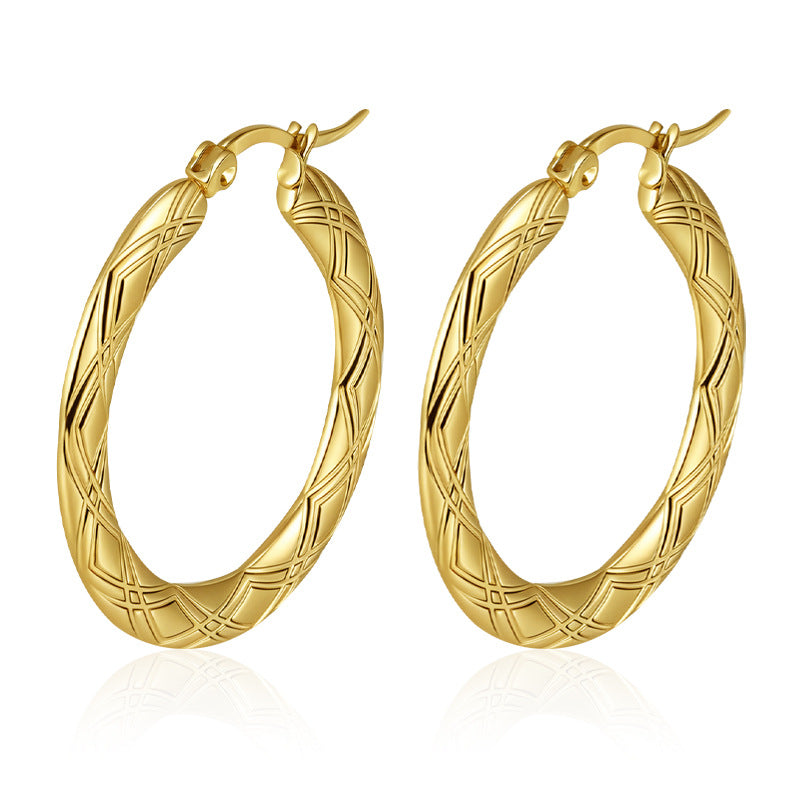 Wholesale Embossed Round Earrings Stainless Steel Gold Plated Everyday Wear Jewelry Accessory